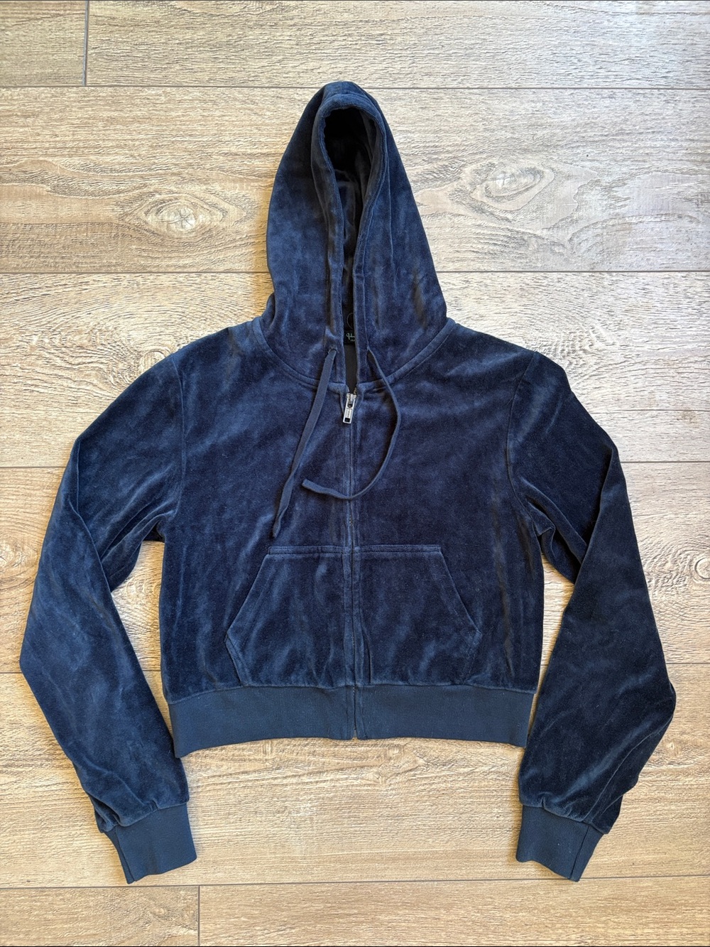 John Galt Brandy Melville Navy Blue Velour Hooded Zip-Up Cropped Jacket